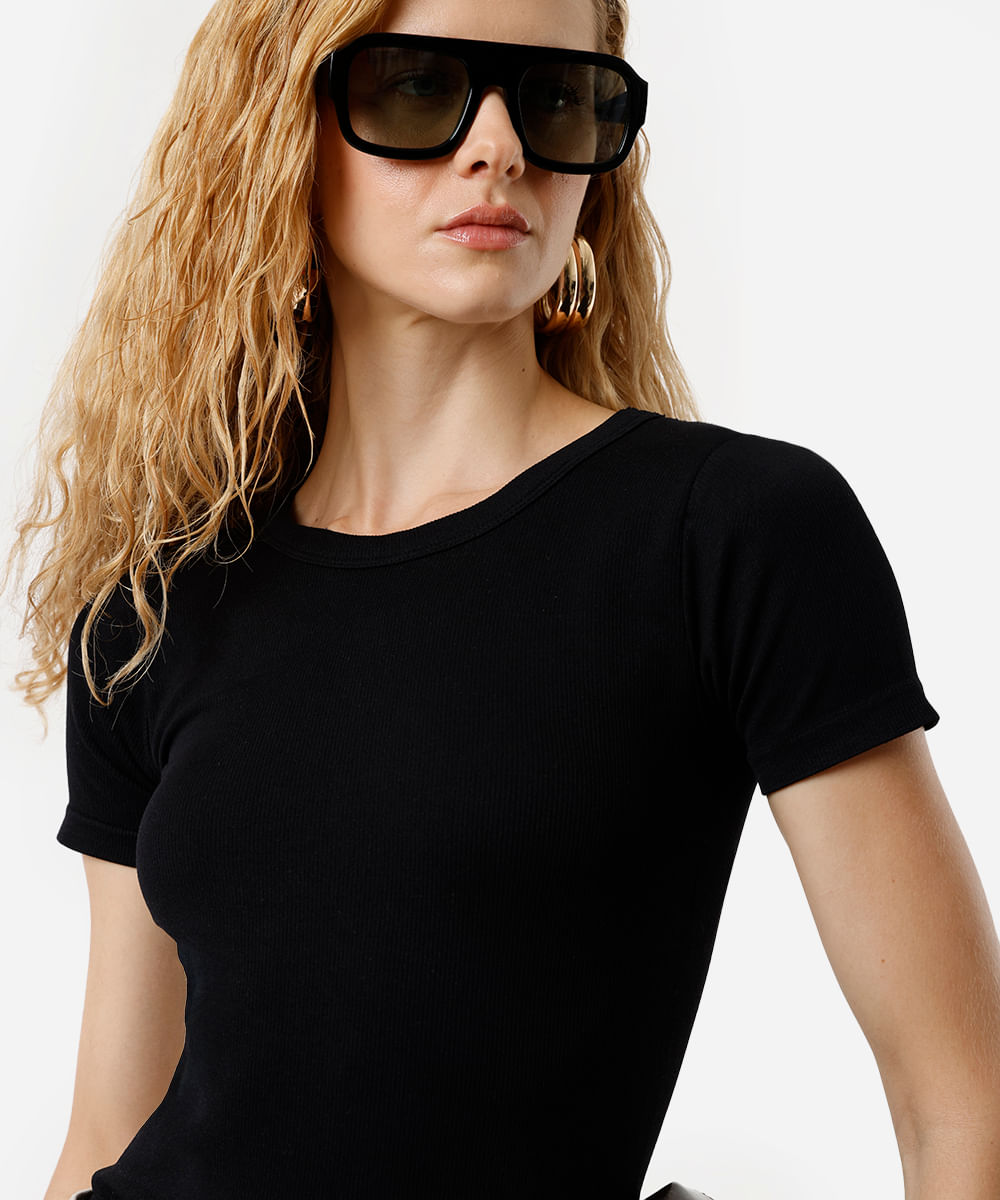 blusa baby look feminina de poliamida básica canelada preta