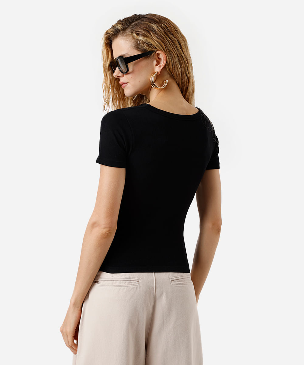 blusa baby look feminina de poliamida básica canelada preta