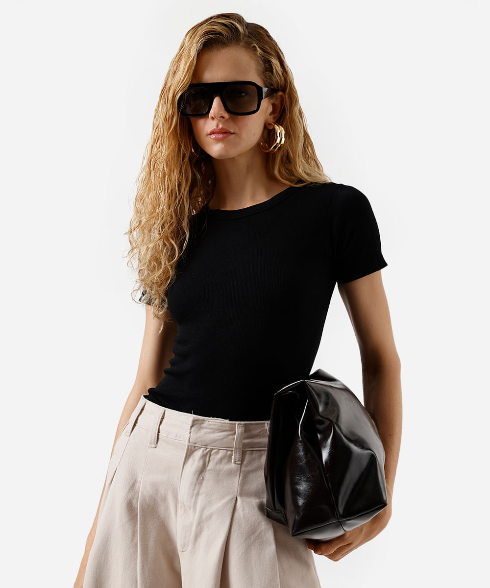 blusa baby look feminina de poliamida básica canelada preta