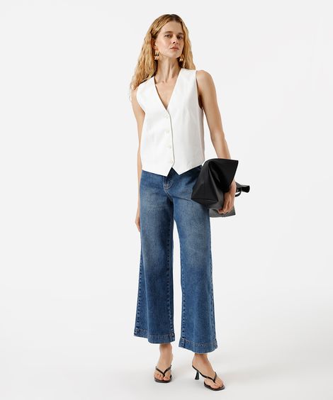 calça wide leg slim feminina jeans com cinto azul