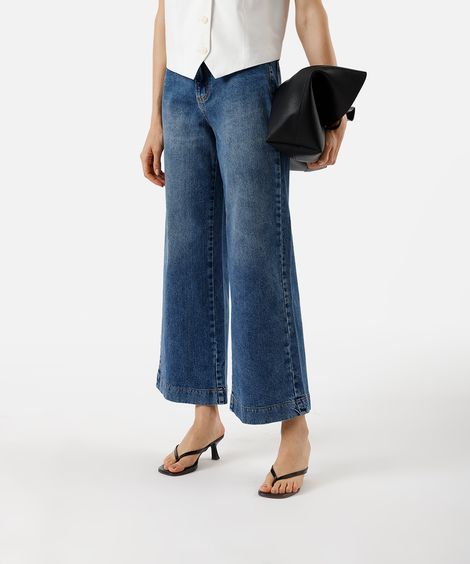calça wide leg slim feminina jeans com cinto azul