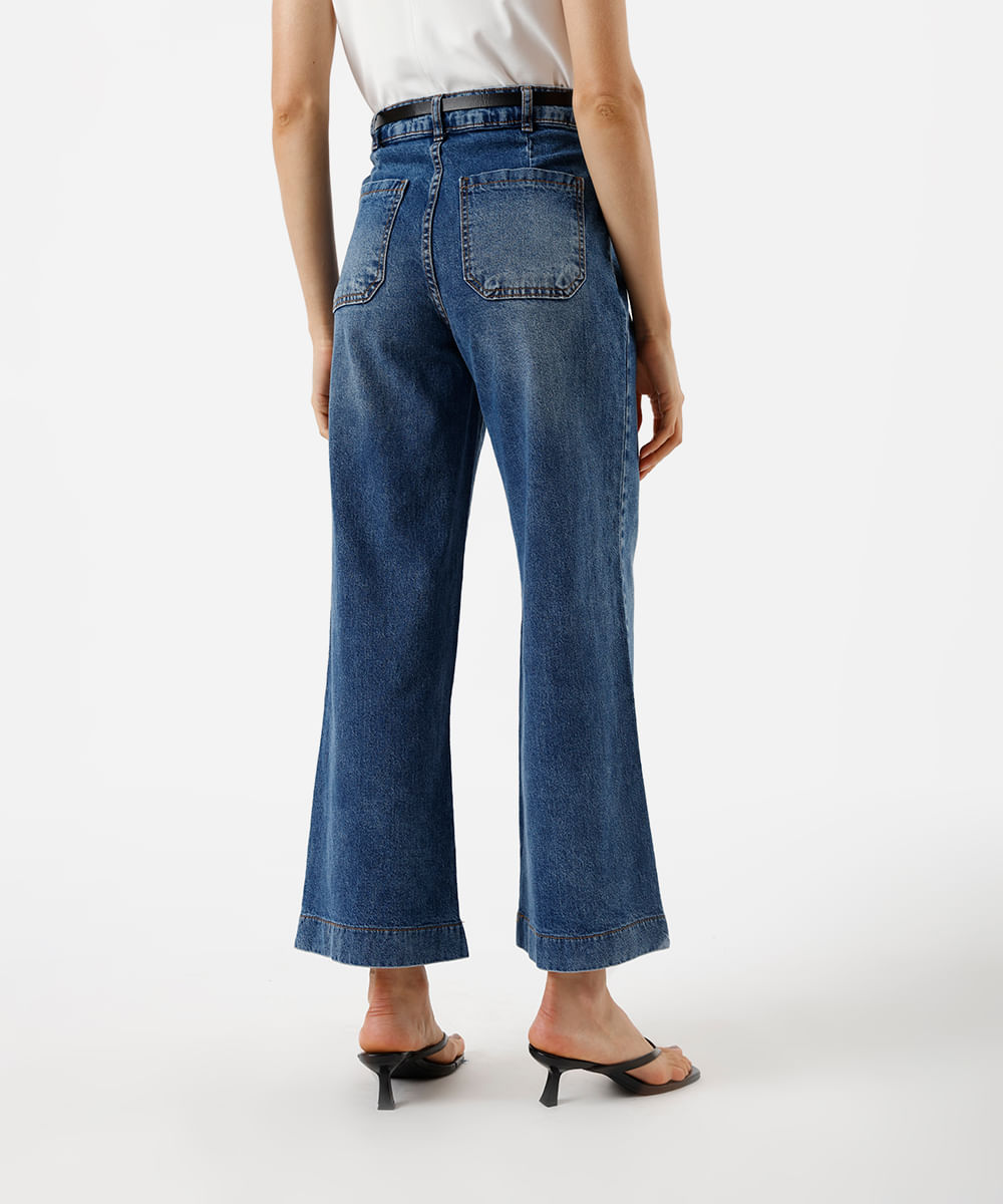calça wide leg slim feminina jeans com cinto azul