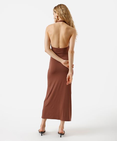 vestido midi frente única feminino franzido marrom