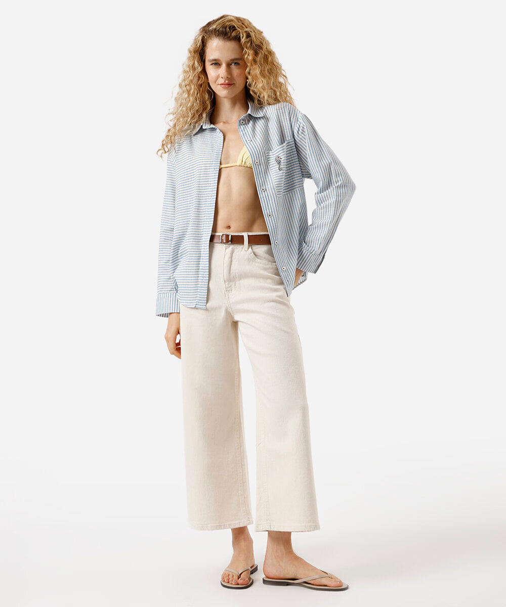 camisa oversized feminina de algodão com bolso bordado azul