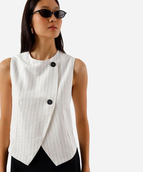 colete feminino com viscose e transpasse listrado off white
