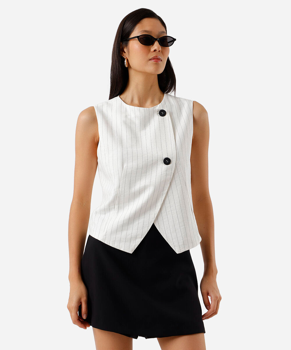 colete feminino com viscose e transpasse listrado off white