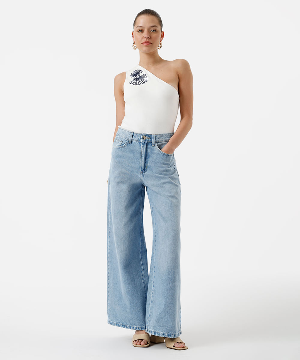 blusa ombro único feminina de algodão com bordado e franzido off white