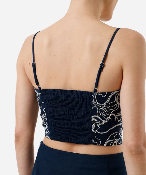 cropped alça fina feminino com linho bordado azul