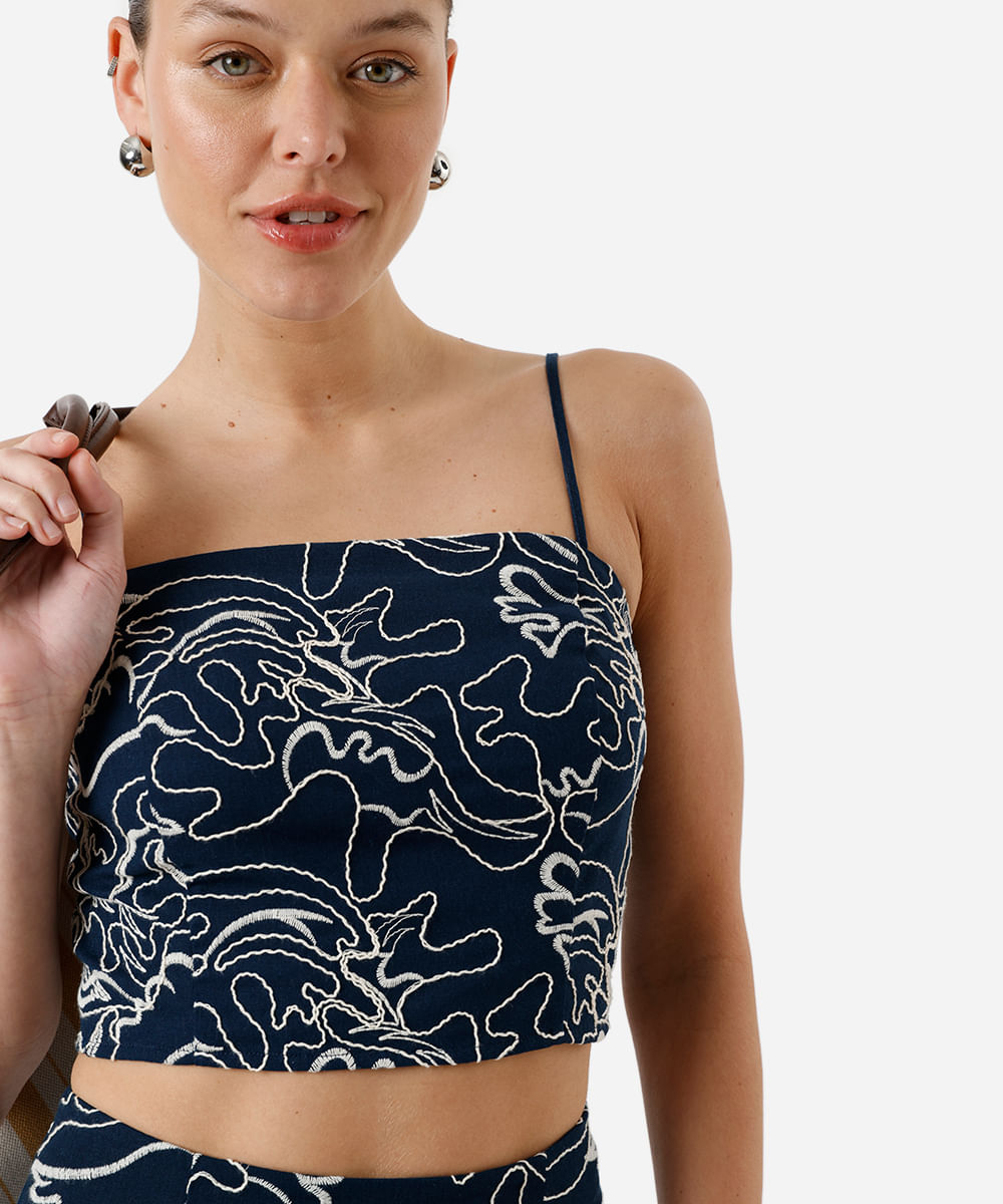 cropped alça fina feminino com linho bordado azul