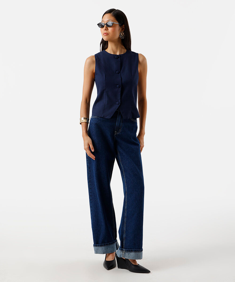 colete feminino com linho e fenda azul