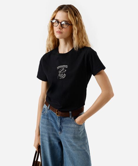 camiseta feminina de algodão estampada preta