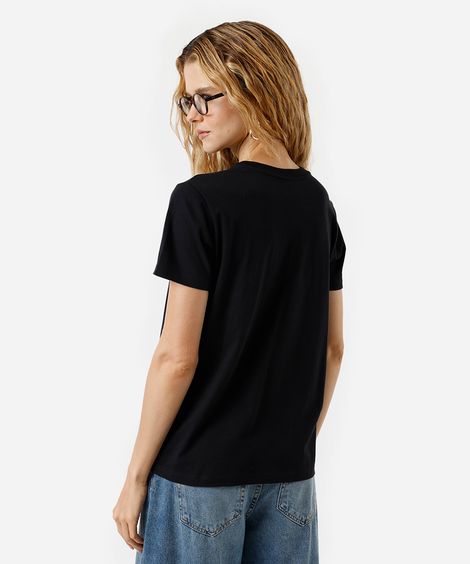 camiseta feminina de algodão estampada preta