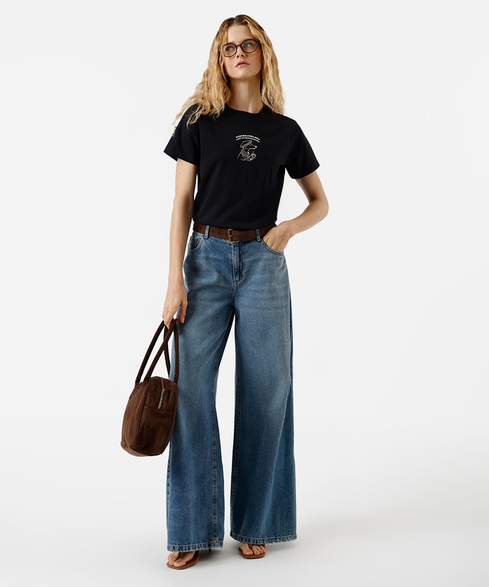 camiseta feminina de algodão estampada preta