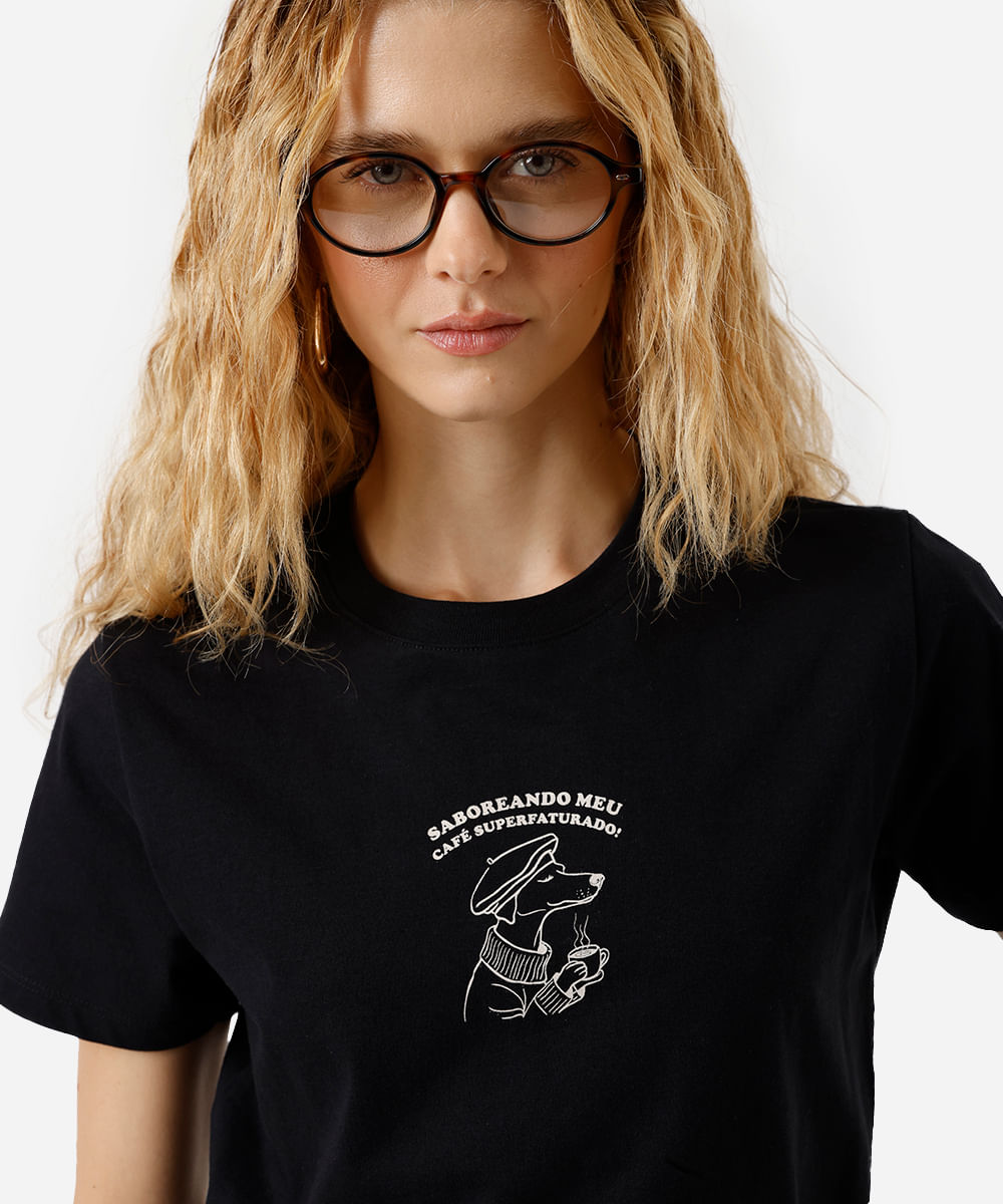 camiseta feminina de algodão estampada preta