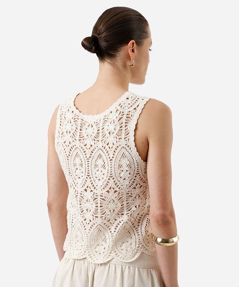 regata feminina de crochê floral off white