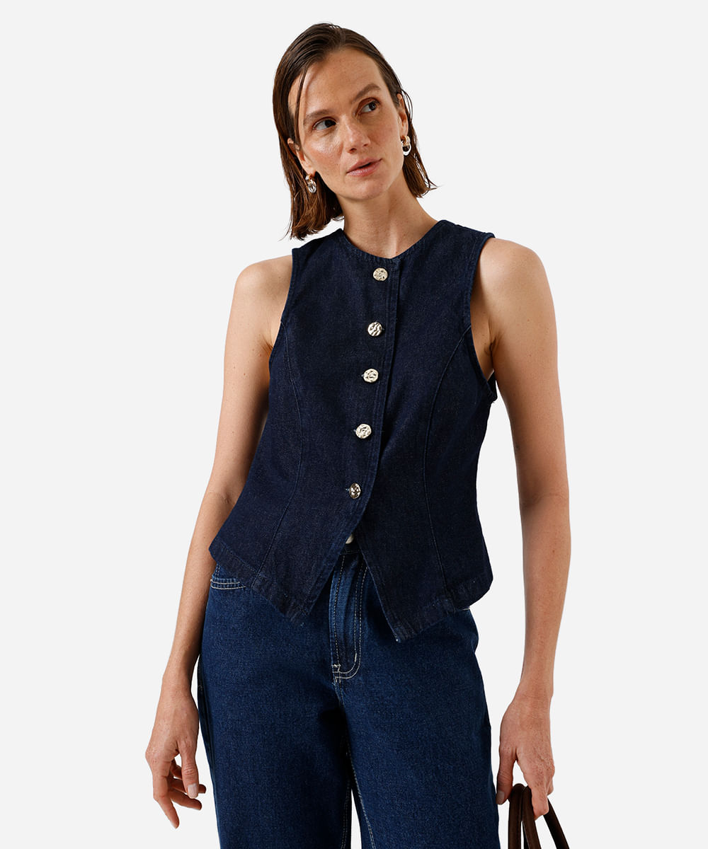 colete feminino jeans decote redondo azul