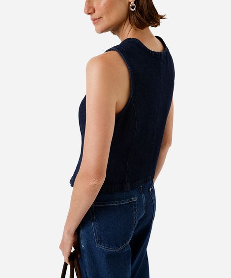 colete feminino jeans decote redondo azul