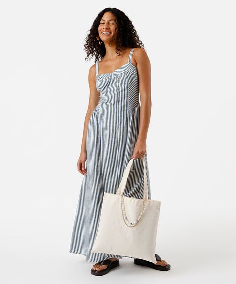 vestido longo alça fina feminino de algodão com recortes listrado off white