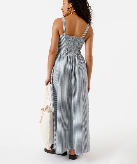 vestido longo alça fina feminino de algodão com recortes listrado off white