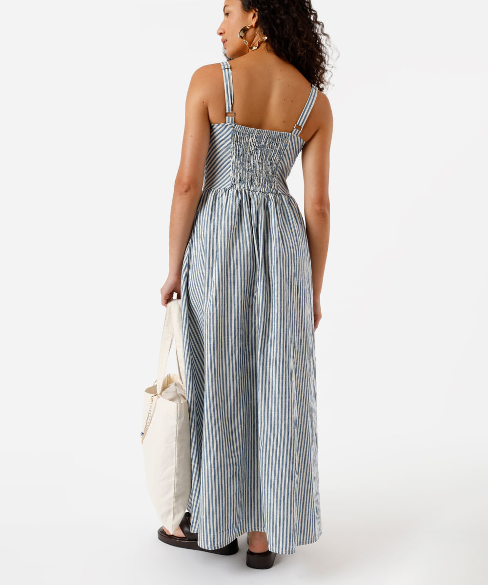 vestido longo alça fina feminino de algodão com recortes listrado off white