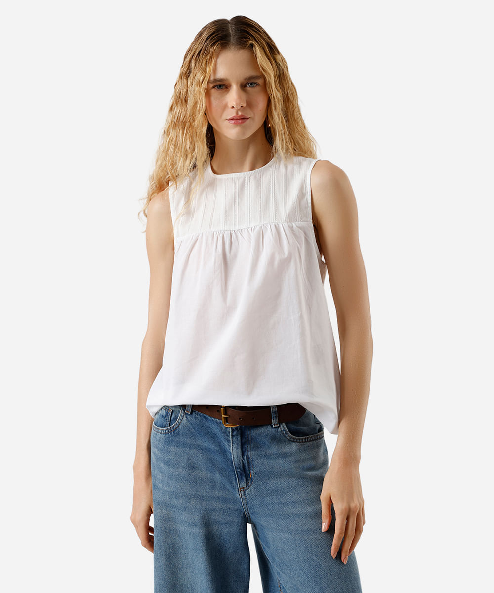 blusa feminina de algodão com recorte bordado off white
