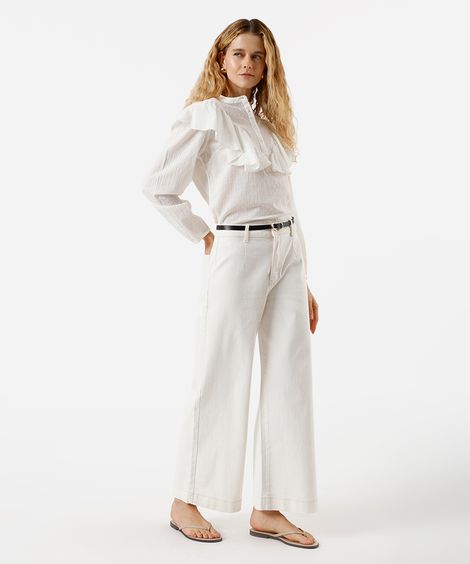 calça wide leg slim feminina de sarja com cinto bege