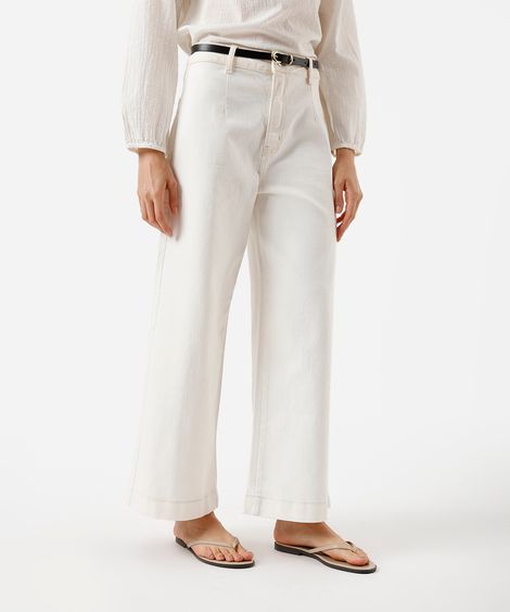 calça wide leg slim feminina de sarja com cinto bege