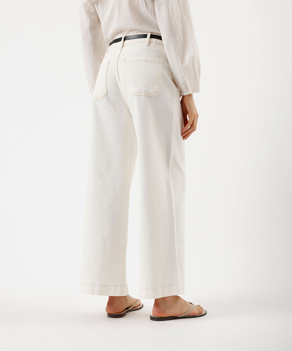 calça wide leg slim feminina de sarja com cinto bege