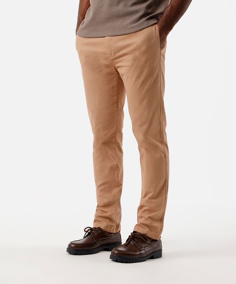 calça slim chino masculina de sarja cós elástico bege