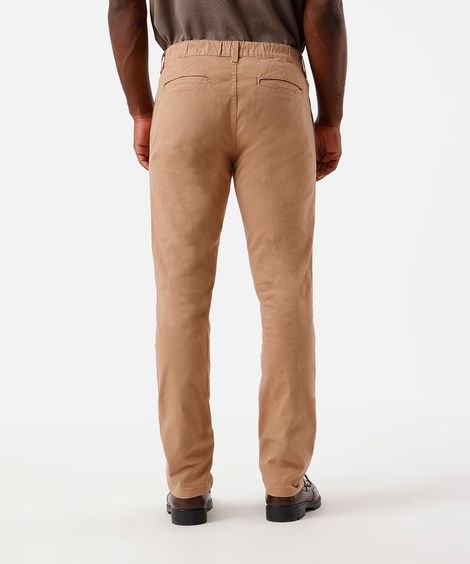 calça slim chino masculina de sarja cós elástico bege