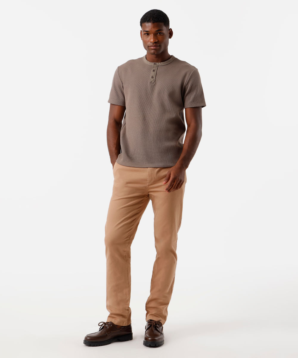 calça slim chino masculina de sarja cós elástico bege