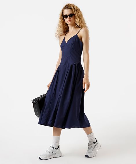 vestido midi alça fina feminino de algodão franzido azul