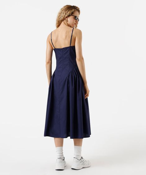vestido midi alça fina feminino de algodão franzido azul