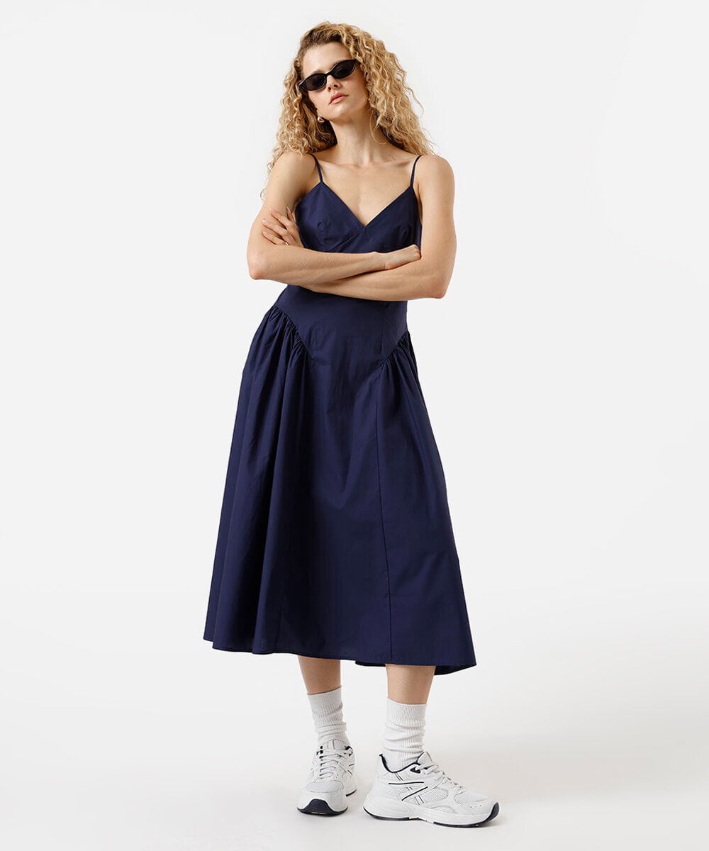 vestido midi alça fina feminino de algodão franzido azul