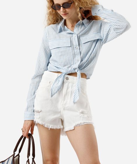 short feminino de sarja cintura média destroyed off white