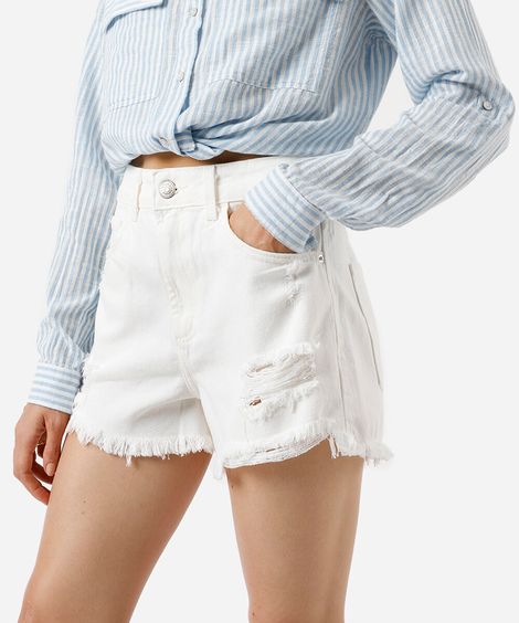 short feminino de sarja cintura média destroyed off white
