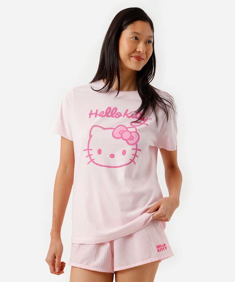 camiseta avulsa feminina de pijama em algodão hello kitty rosa
