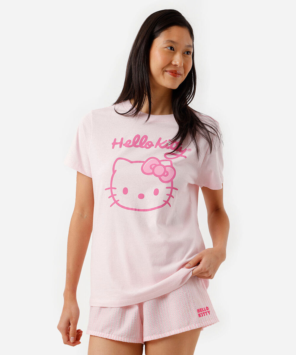 camiseta avulsa feminina de pijama em algodão hello kitty rosa