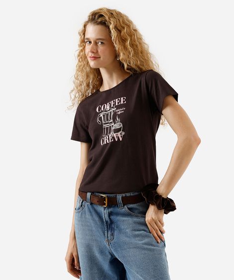camiseta feminina de algodão estampada marrom