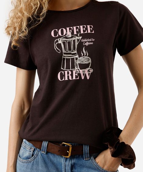 camiseta feminina de algodão estampada marrom