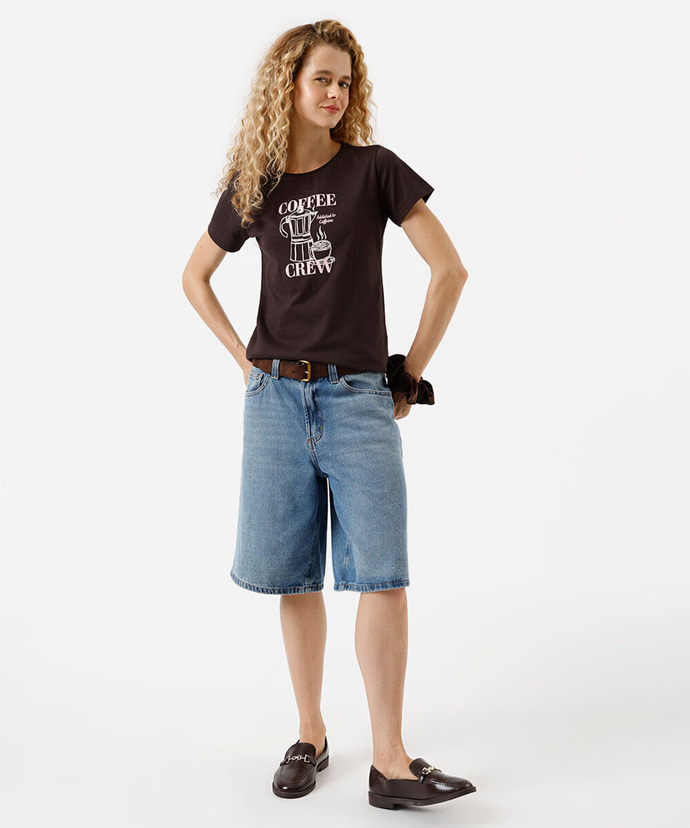 camiseta feminina de algodão estampada marrom