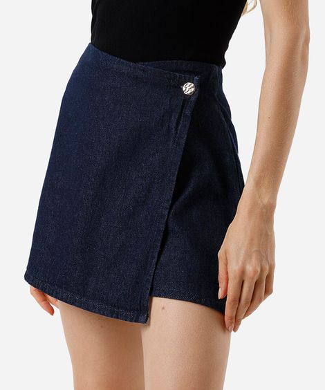 short saia feminino jeans cós deslocado azul