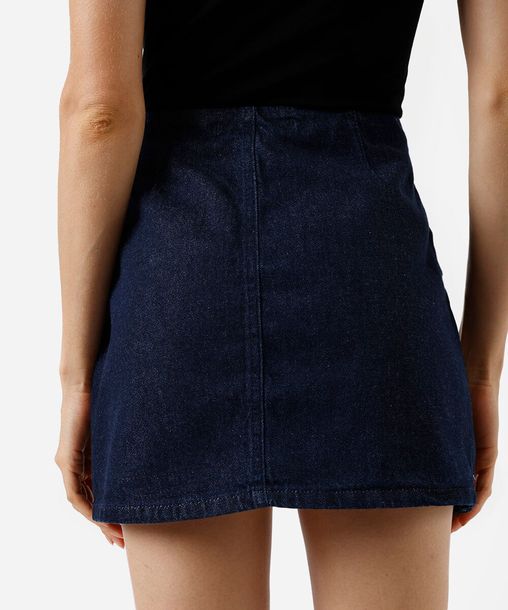 short saia feminino jeans cós deslocado azul
