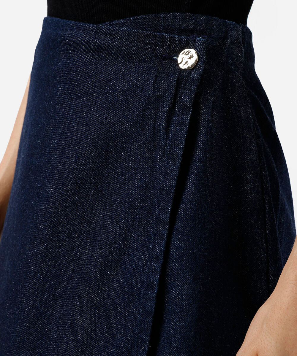 short saia feminino jeans cós deslocado azul
