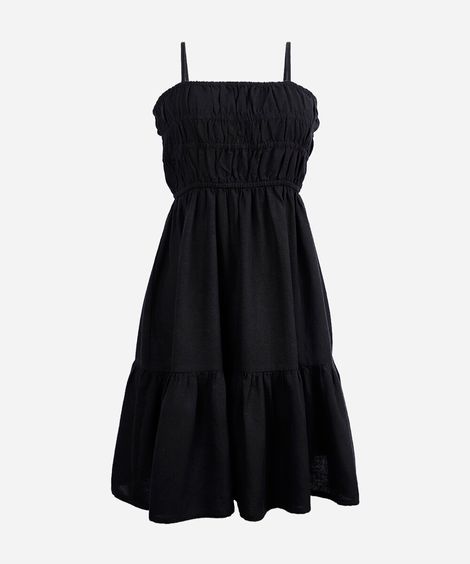 vestido curto alça fina juvenil com linho e recorte preto