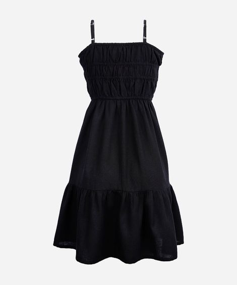 vestido curto alça fina juvenil com linho e recorte preto