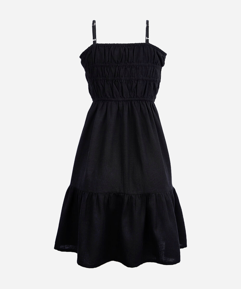 vestido curto alça fina juvenil com linho e recorte preto