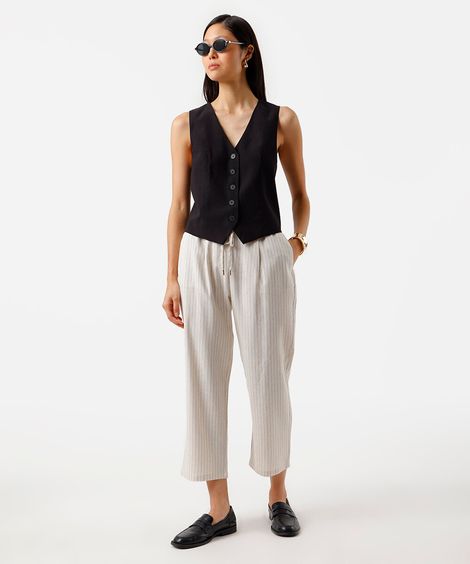 calça jogger feminina com linho listrada areia