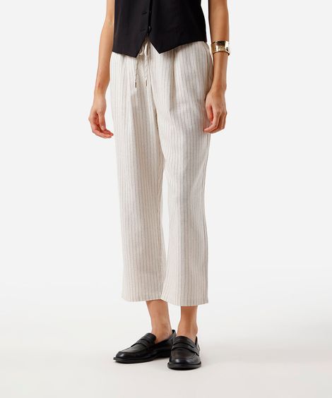 calça jogger feminina com linho listrada areia