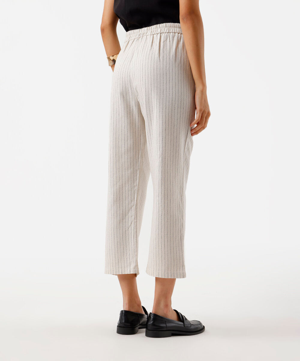 calça jogger feminina com linho listrada areia